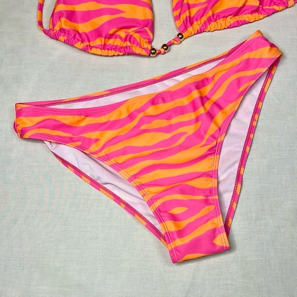 NWT Pink & Orange Zebra Print Bikini Set | Triangle Top & Hi-Rise Bottoms Size L - Picture 2 of 4